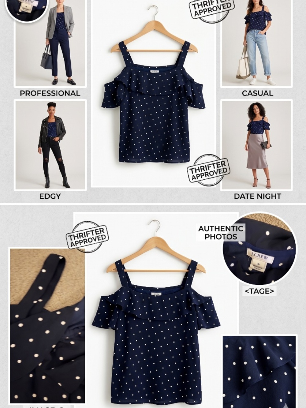 J.CREW Navy Polka Dot Cold Shoulder Ruffle Top - Size 8 - Preppy & Chic